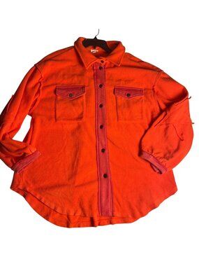 POL Orange Red Fleece Oversized L Shacket Star Patches Snap Buttons & Pockets